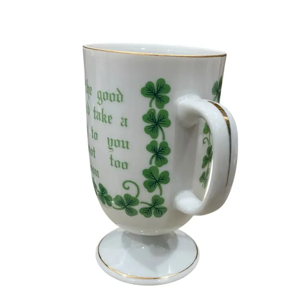 Funny 1970s Shamrock Irish Coffee Mug Lucky Clover White Porcelain Cup Gold Trim